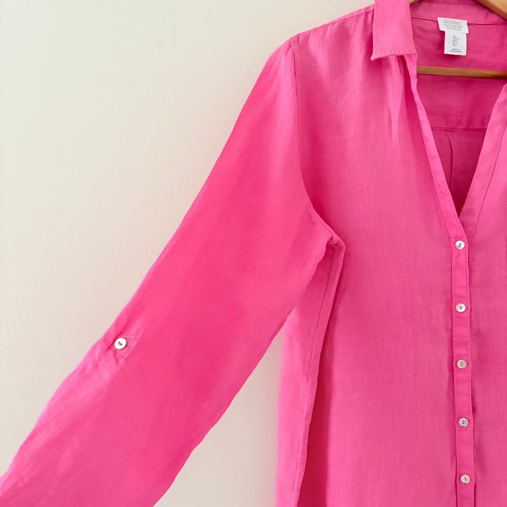 Sigrid Olsen Shirt Large Pink Linen Button Down Roll Tab Tunic Long Sleeve Top - Picture 4 of 8